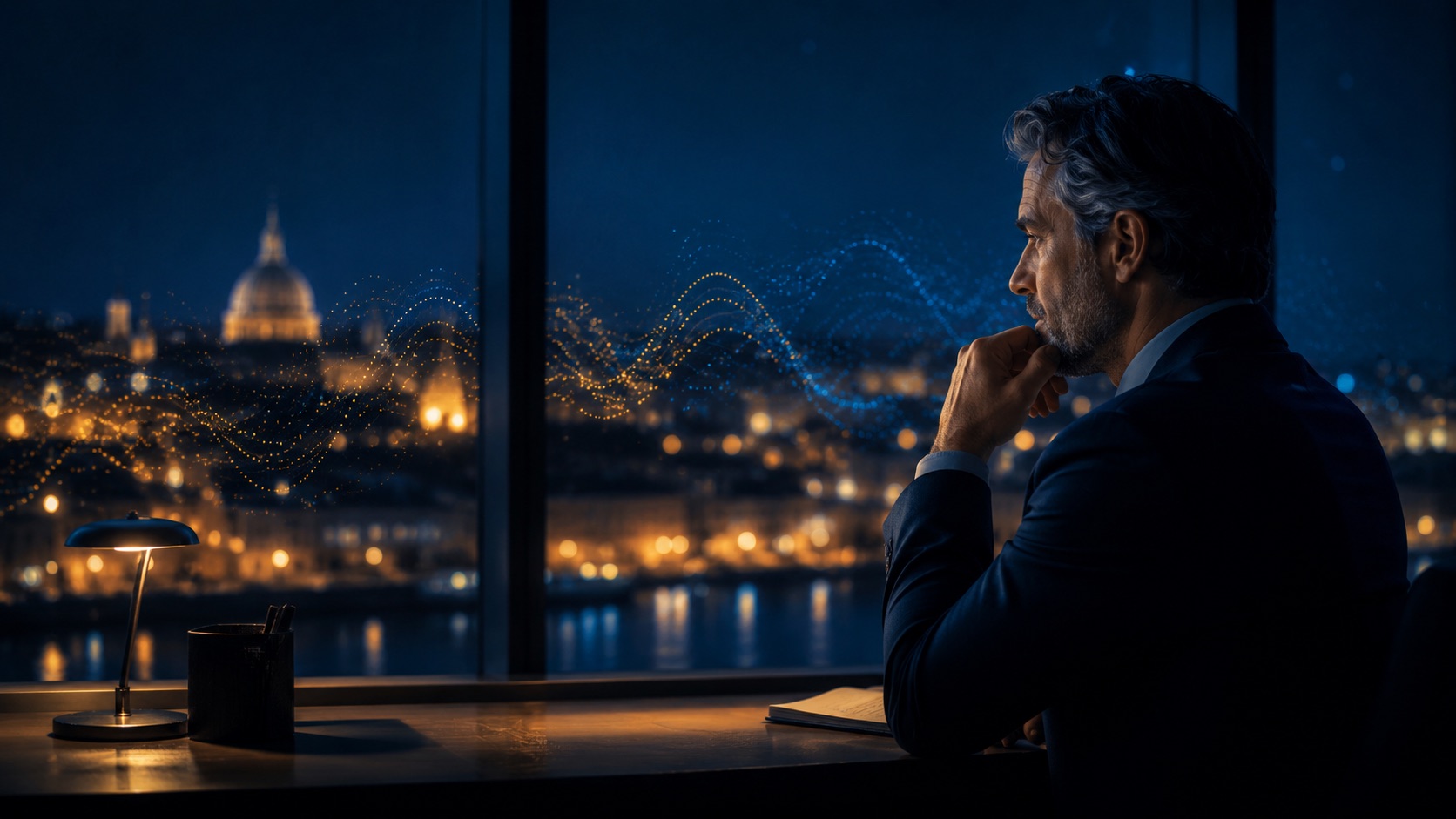 A man sits in thought at a desk overlooking a city at night, with blue and amber data-like patterns across the window.