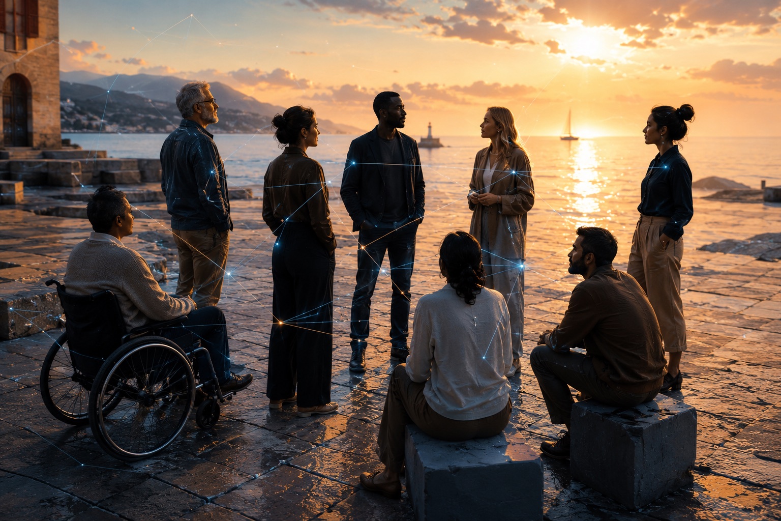 Eight people, including one wheelchair user, gather in conversation beside the sea at sunset, linked by fine points of light.