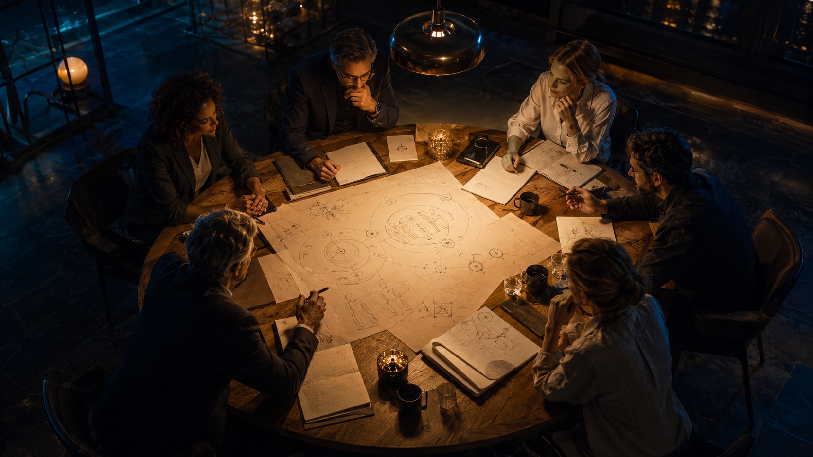 Six people gather around a circular table covered with hand-drawn diagrams during a collaborative design session.